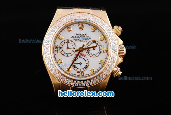 Rolex Daytona Oyster Perpetual Chronometer Automatic Gold Case with Diamond Bezel,White Dail and Diamond Marking-Black Leather Strap - Click Image to Close